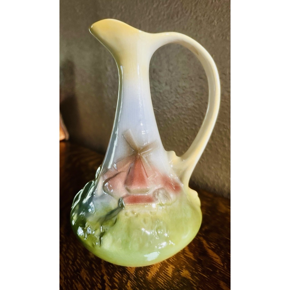 Vintage Hand Painted Dutch Windmill Bisque Pitcher Yellow Sailboat Jug Pottery